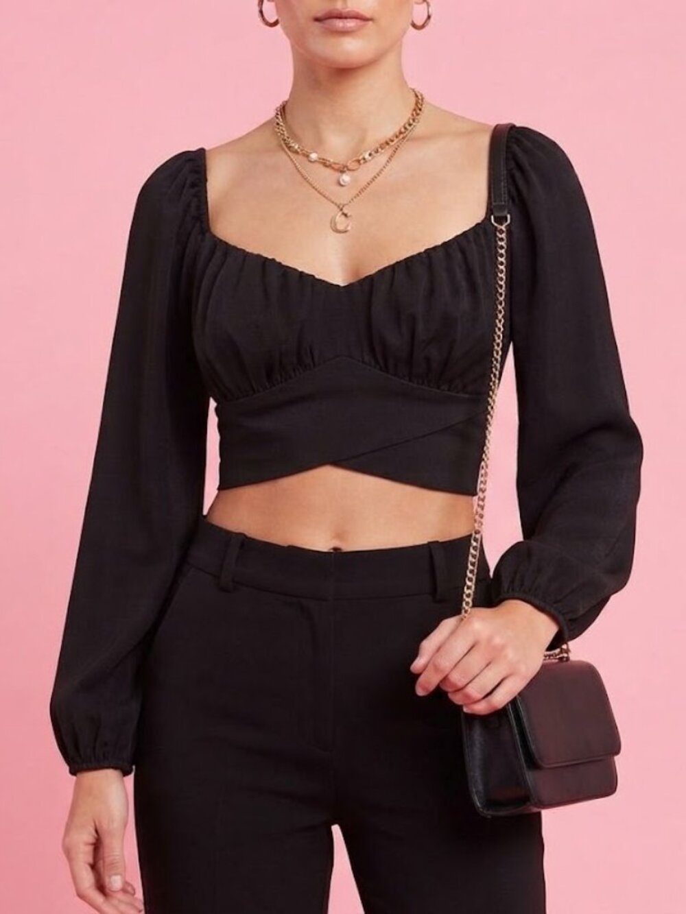 Black Long Puff Sleeve Wrap Crop Top with Back Bow Tie